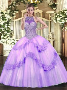 Lavender Sleeveless Beading and Appliques Floor Length Sweet 16 Dress