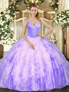 V-neck Sleeveless Tulle 15 Quinceanera Dress Beading and Ruffles Lace Up