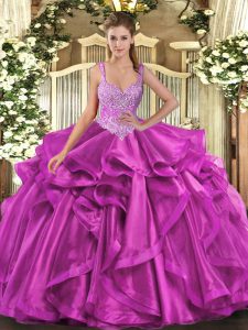 Fuchsia Organza Lace Up Straps Sleeveless Floor Length Sweet 16 Dresses Beading and Ruffles