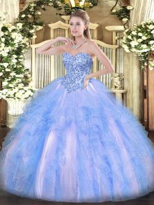 Affordable Blue And White Lace Up Sweet 16 Dresses Appliques and Ruffles Sleeveless Floor Length