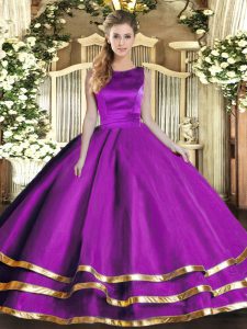 Romantic Ruffled Layers Vestidos de Quinceanera Eggplant Purple Lace Up Sleeveless Floor Length