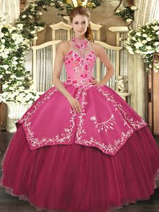 Coral Red Lace Up Halter Top Beading and Embroidery Quinceanera Gown Satin and Tulle Sleeveless