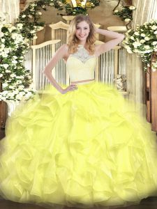 Trendy Yellow Scoop Neckline Lace and Ruffles Quinceanera Dresses Sleeveless Zipper