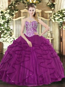 Smart Fuchsia Lace Up Sweetheart Beading and Ruffles Quinceanera Gown Tulle Sleeveless