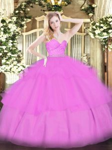 Wonderful Lilac Tulle Zipper Sweetheart Sleeveless Floor Length Quinceanera Dresses Beading and Lace and Ruffled Layers