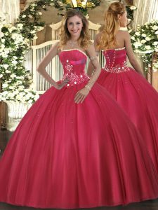 Eye-catching Red Lace Up Quince Ball Gowns Beading Sleeveless Floor Length