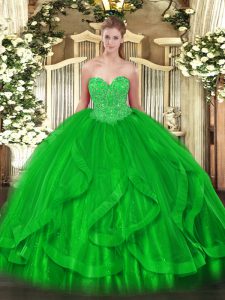 Sexy Sweetheart Sleeveless Quinceanera Dress Floor Length Beading and Ruffles Green Organza