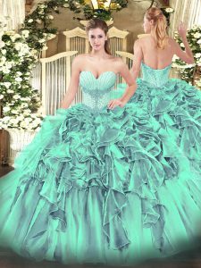 Elegant Sweetheart Sleeveless Lace Up Sweet 16 Quinceanera Dress Turquoise Organza