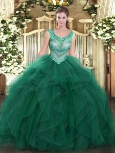 Scoop Sleeveless Lace Up 15 Quinceanera Dress Dark Green Tulle