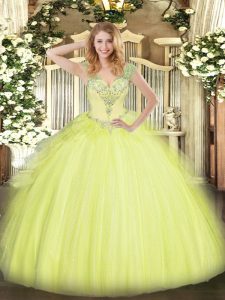 Yellow Green Tulle Lace Up V-neck Sleeveless Floor Length Vestidos de Quinceanera Beading and Ruffles