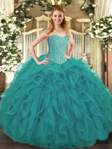 Vintage Beading and Ruffles Sweet 16 Dress Turquoise Lace Up Sleeveless Floor Length