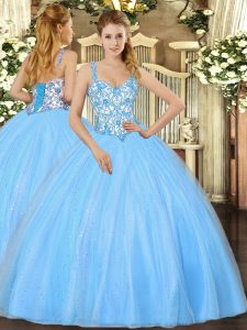 Stunning Organza Straps Sleeveless Lace Up Beading and Appliques Quinceanera Dress in Baby Blue