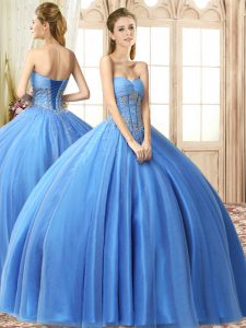 Affordable Baby Blue Ball Gowns Beading Sweet 16 Dresses Lace Up Tulle Sleeveless Floor Length