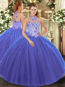 Stunning Blue Halter Top Neckline Embroidery Ball Gown Prom Dress Sleeveless Lace Up