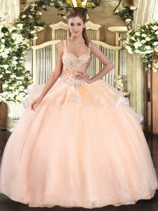 On Sale Peach Ball Gowns Organza Straps Sleeveless Beading Floor Length Lace Up 15 Quinceanera Dress