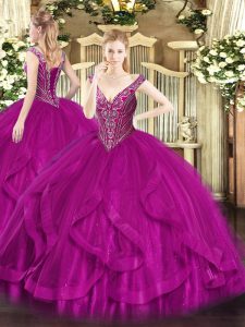 Customized Floor Length Ball Gowns Sleeveless Fuchsia Quince Ball Gowns Lace Up