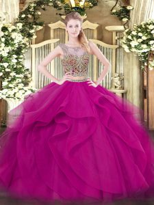 Fuchsia Scoop Lace Up Beading and Ruffles 15th Birthday Dress Sleeveless