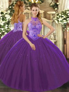 Floor Length Purple Vestidos de Quinceanera Tulle Sleeveless Beading and Appliques and Embroidery