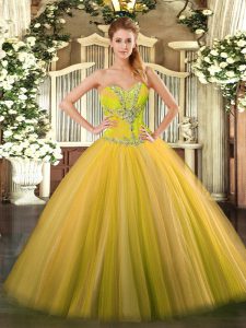 Elegant Gold Sleeveless Beading Floor Length Ball Gown Prom Dress