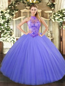 Lavender Halter Top Neckline Beading and Embroidery Vestidos de Quinceanera Sleeveless Lace Up