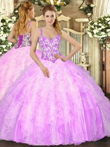 Classical Mermaid 15th Birthday Dress Lilac Straps Organza Sleeveless Floor Length Lace Up