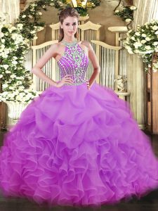 On Sale Lilac Tulle Lace Up Halter Top Sleeveless Floor Length Quinceanera Dress Beading and Ruffles