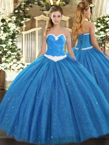 New Style Blue Sweetheart Lace Up Appliques Quince Ball Gowns Sleeveless