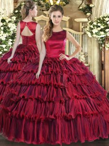 Dazzling Floor Length Wine Red Sweet 16 Quinceanera Dress Scoop Sleeveless Lace Up