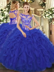 Graceful Royal Blue Scoop Lace Up Beading and Ruffles Quinceanera Gowns Sleeveless