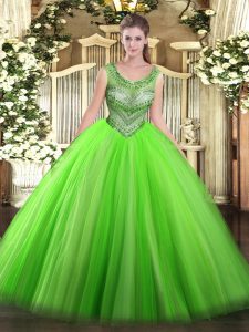 Ball Gowns Scoop Sleeveless Tulle Floor Length Lace Up Beading 15 Quinceanera Dress