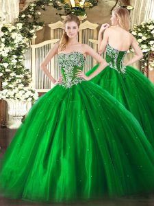 Green Sleeveless Floor Length Beading Lace Up Quinceanera Gowns