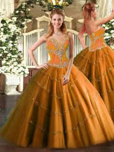 Floor Length Orange Quinceanera Gowns Tulle Sleeveless Beading