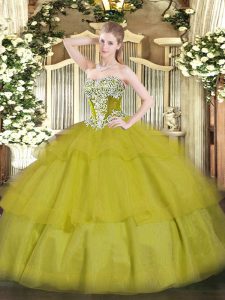 Olive Green Strapless Neckline Beading and Ruffled Layers Quince Ball Gowns Sleeveless Lace Up