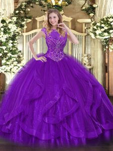 Fabulous Purple Tulle Zipper Quinceanera Gowns Sleeveless Floor Length Beading and Ruffles