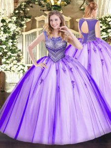 Decent Lavender Sleeveless Floor Length Beading Lace Up Quinceanera Gown