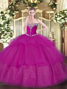 Sleeveless Floor Length Beading and Ruffled Layers Lace Up Quinceanera Gown with Fuchsia