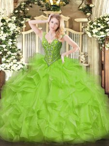 V-neck Sleeveless Quinceanera Dresses Floor Length Beading and Ruffles Organza