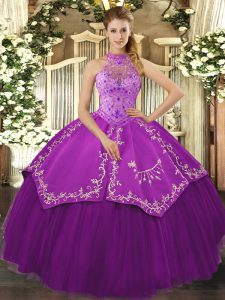 Floor Length Eggplant Purple Ball Gown Prom Dress Satin and Tulle Sleeveless Beading and Embroidery