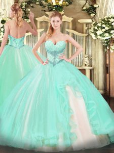 Amazing Apple Green Lace Up Sweetheart Beading and Ruffles Ball Gown Prom Dress Tulle Sleeveless