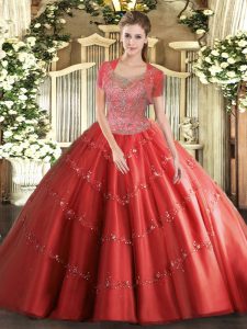 Coral Red Clasp Handle Scoop Beading 15th Birthday Dress Tulle Sleeveless