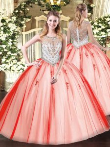 Beauteous Coral Red Sweet 16 Dresses Military Ball and Sweet 16 and Quinceanera with Beading and Appliques Scoop Sleeveless Zipper