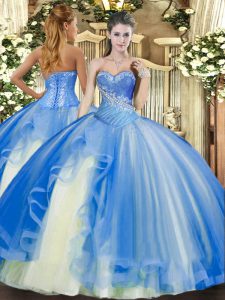 Baby Blue Sweetheart Neckline Beading and Ruffles Quince Ball Gowns Sleeveless Lace Up