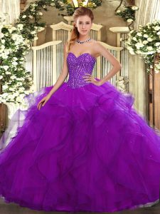 Floor Length Purple Sweet 16 Dresses Tulle Sleeveless Beading and Ruffles