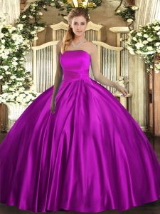 New Arrival Strapless Sleeveless 15th Birthday Dress Floor Length Ruching Fuchsia Satin