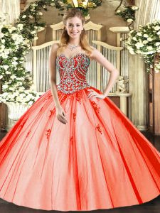 Ideal Orange Red Quince Ball Gowns Military Ball and Sweet 16 and Quinceanera with Beading and Appliques Sweetheart Sleeveless Lace Up