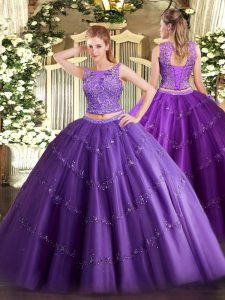 Graceful Floor Length Lace Up 15 Quinceanera Dress Purple for Military Ball and Sweet 16 and Quinceanera with Beading and Appliques