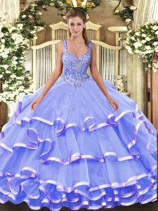 Lavender Ball Gowns Organza Straps Sleeveless Beading and Ruffled Layers Floor Length Lace Up 15th Birthday Dress