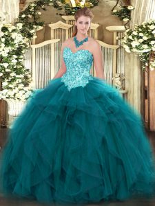 Sweetheart Sleeveless Organza 15th Birthday Dress Appliques and Ruffles Lace Up