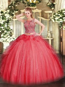 Coral Red Tulle Lace Up Quinceanera Gown Sleeveless Floor Length Beading and Ruffles