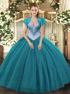 Cheap Sleeveless Tulle Floor Length Lace Up 15 Quinceanera Dress in Teal with Beading and Sequins